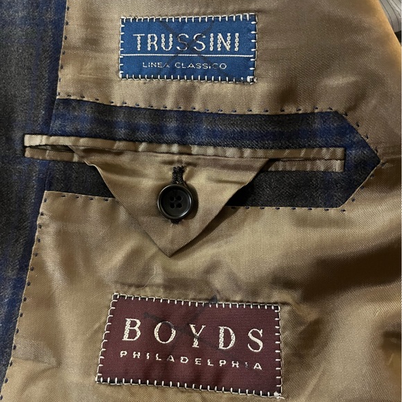 Trussini Italy Wool Gray Plaid Dual Vent Stitched Lapel Blazer Sport Jacket - Picture 11 of 15